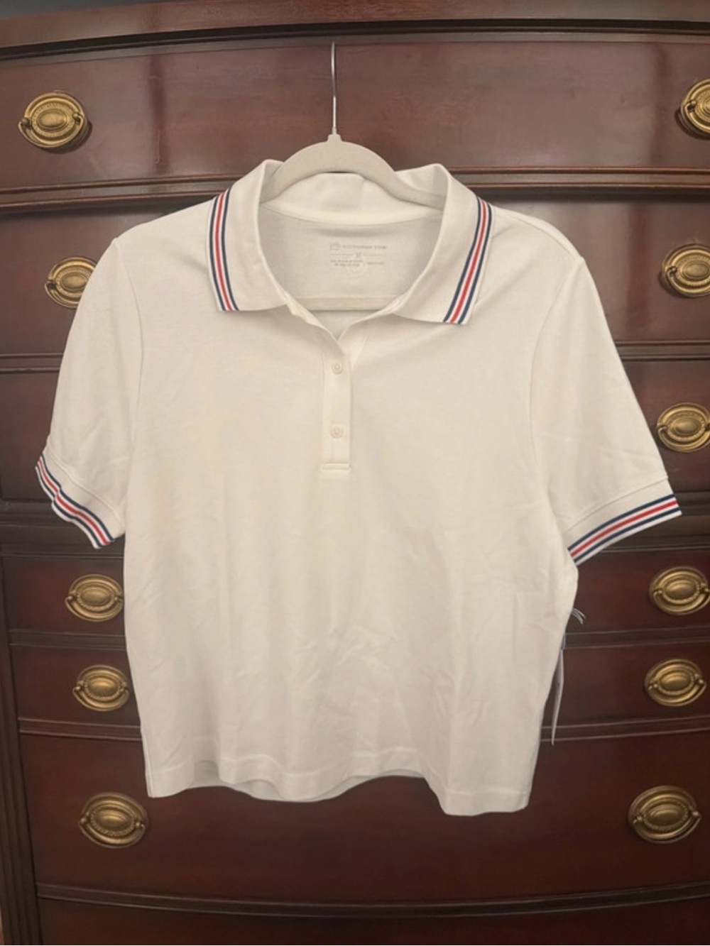 Southern Tide White Polo with Red & Navy Stripe Trim
